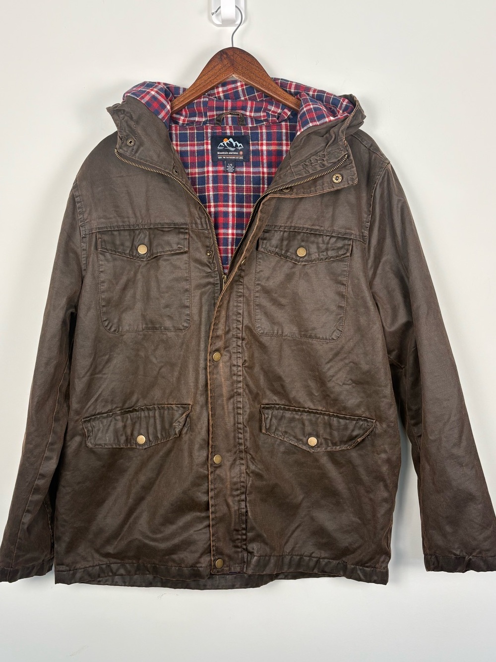 Men's Brown Hooded Field Jacket Plaid Flannel Lined Utility Coat Size Large